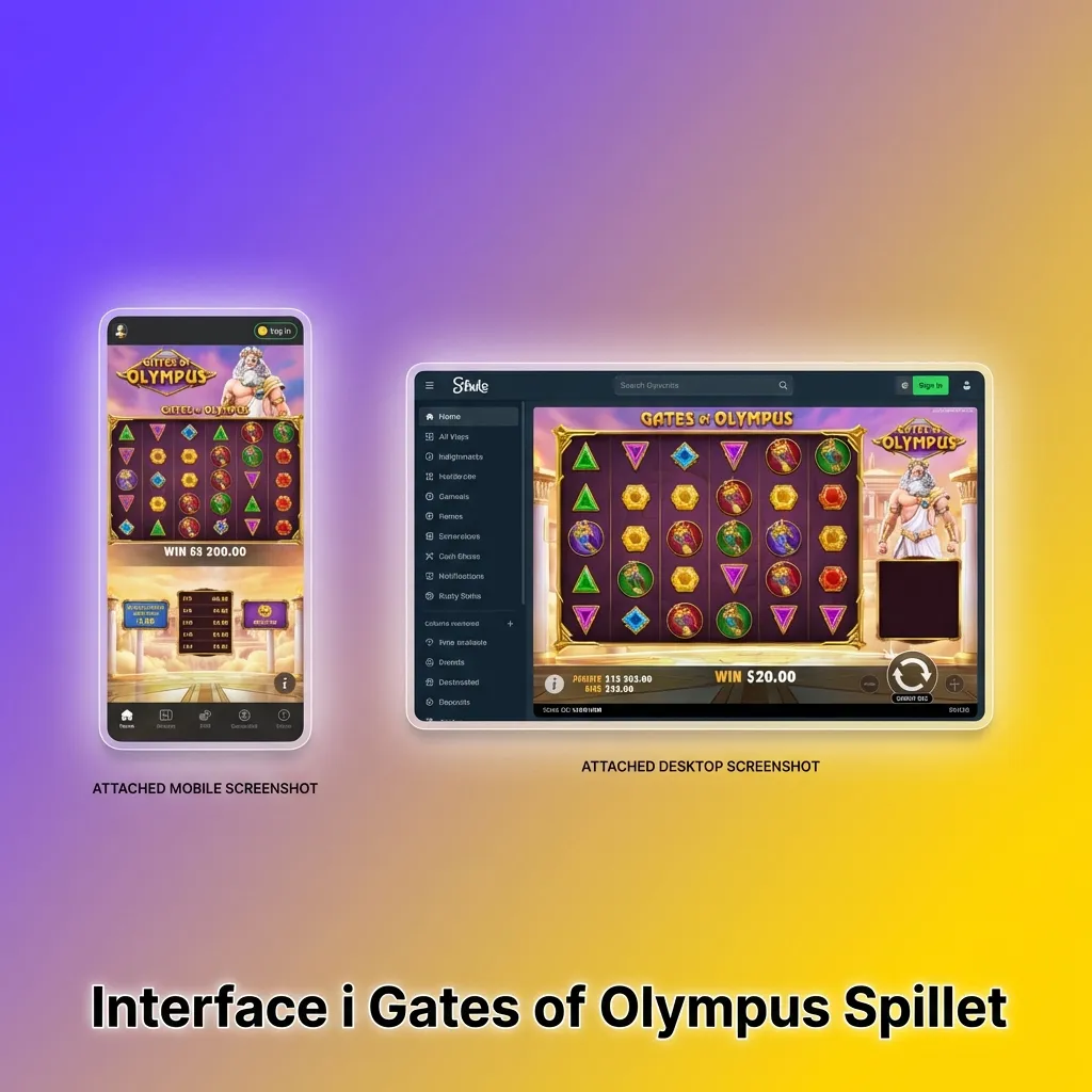 Gates of Olympus spilleinterface med græske symboler, kontrolpanel og multiplikator-orbs på skærmen